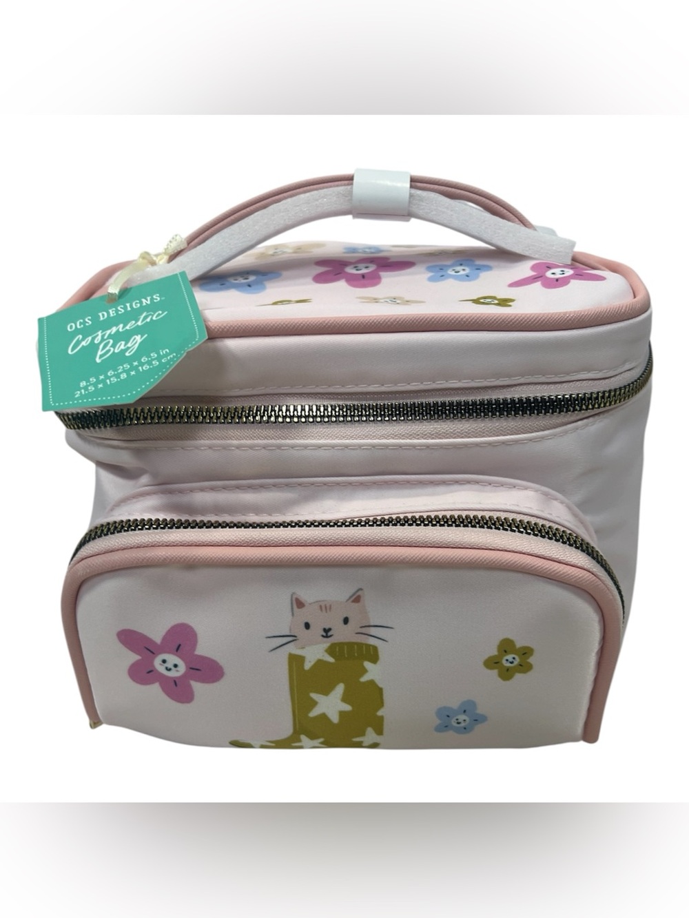 OCS Designs Pink Cat Floral Cosmetic Train Case Makeup Travel Bag NWT